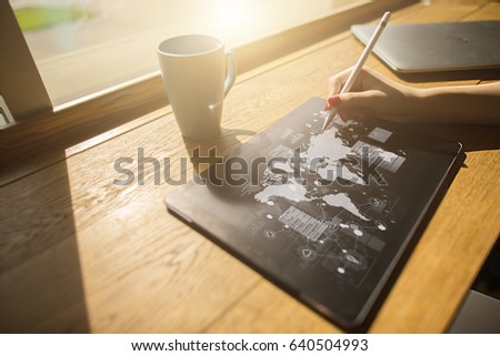 Creative work with tablet and stylus. virtual screen mockup. Business technology and intenet concept. 