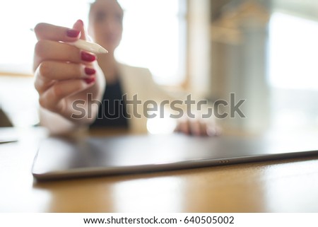 Creative work with tablet and stylus. virtual screen mockup. Business technology and intenet concept. 