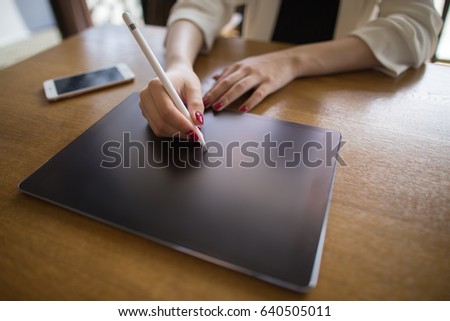 Creative work with tablet and stylus. virtual screen mockup. Business technology and intenet concept. 