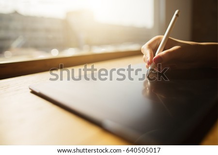 Creative work with tablet and stylus. virtual screen mockup. Business technology and intenet concept. 