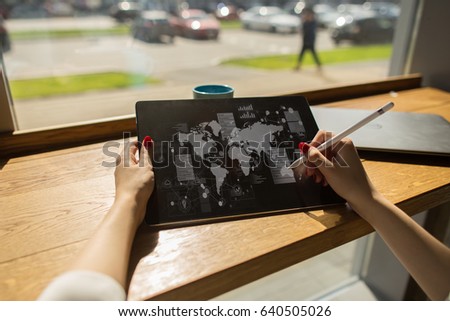 Creative work with tablet and stylus. virtual screen mockup. Business technology and intenet concept. 