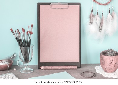 Creative workplace. Сlipboard with copy space blank mock up