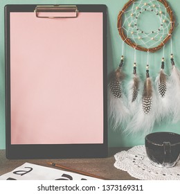 Creative workplace. Сlipboard with copy space blank mock up. Copy space