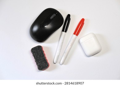 Creative workspace essentials on white background