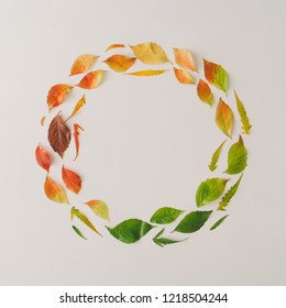 Creative wreath of colorful autumn or fall leaves. Flat lay, top view. Changing season concept. Nature composition with paper card note copy space.