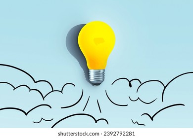 Creative yellow light bulb rocket with blast and clouds of smoke paint takes off. Creative idea, concept. Generation of new thoughts and ideas. Science and technology. Think differently. Launch