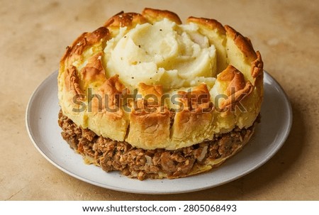 A creatively presented shepherd's pie showcases a savory minced meat base topped with a golden-baked mashed spud crust, served on a round ceramic plate against a textured beige background.