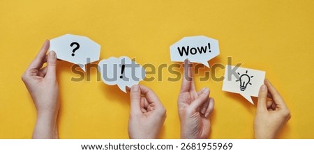 Creativity and brainstorming. Clouds with a question mark, an exclamation mark, the word 