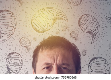 Creativity, creative ideas and brainstorming concept with headshot portrait adult male person thinking and contemplating.