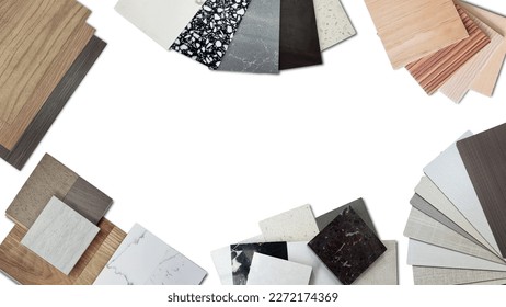creativity house design ideas concept with sample of interior materials contains artificial stones, tiles, wooden veneer, fabric laminate, vinyl flooring isolated on background with clipping path. - Shutterstock ID 2272174369