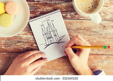 creativity, imagination, inspiration and people concept - close up of female hands drawing with pencil in notebook, coffee and cookies on table