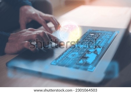 creativity inventor concept, man using computer laptop working with chart virtual glob research and development 