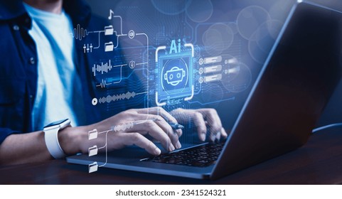Creativity and technological ingenuity as a man interacts with a computer laptop, explores the possibilities of automatic sound generation using AI (artificial intelligence) prompts