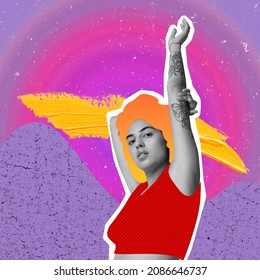 Creatove artwork, comtemporary art collage of young woman with drawn elements isolated over multicolored background. Freedom. Concept of fashion, art, creativity, femininity. Copy space for ad