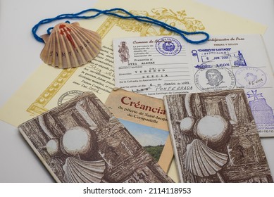 Credentials with retro stamps and a shell from 2001 and 2006 along the way to Santiago de Compostela, Frederikssund, Denmark, January 27, 2022