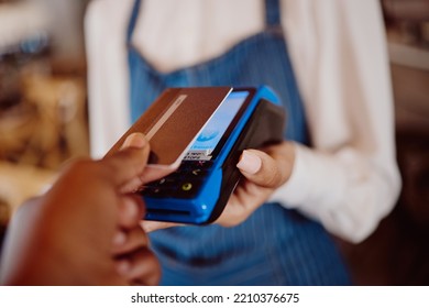 Credit Card, Cafe Customer And Rfid Payment At Cashier, Waiter Service And Point Of Sale Machine. Worker Hands Process Finance, Money And Retail Shopping, Cash Register And Fintech Pos In Coffee Shop