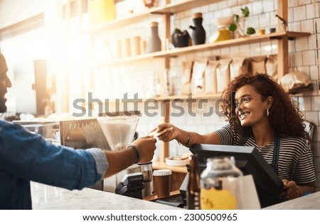 Credit card, cafe and happy woman with customer, payment and ecommerce transaction for sales service, pos and banking. Coffee shop, point of sale and waitress in trade, b2c shopping and easy finance
