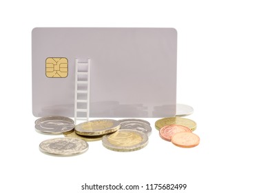 Credit Card Debt Relief, Financial Solution Method Concept : Coins, Ladder, Chip Credit Card Isolated On White Background, Depicts The Plan Or Strategy To Escape From Rolling Over Debt / Rollover Risk