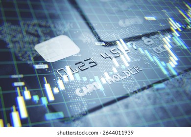 Credit card with embossed numbers overlaid by financial charts and data on a glowing digital background, concept of fintech and market analysis