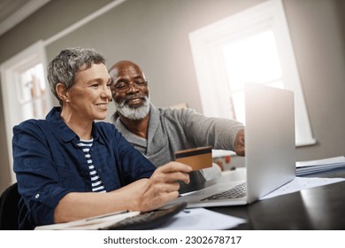 Credit card, laptop and senior couple for online shopping, ecommerce and fintech payment for home insurance. Finance, pension or financial investment of biracial woman and partner on computer banking - Powered by Shutterstock