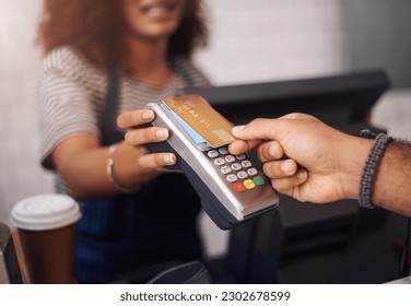 Credit card machine, cafe and hands of customer for b2c shopping, point of sale transaction and finance. Closeup, nfc and contactless payment in coffee shop at cashier, rfid technology and services - Powered by Shutterstock