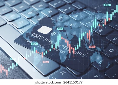 Credit card on laptop keyboard with holographic forex chart, world map overlay, and trading data in abstract digital fintech economy concept - Powered by Shutterstock - Get 15% off with code: PIKWIZARD15