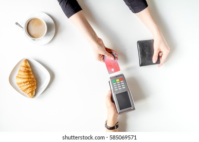 Credit Card Payment For Business Lunch On White Table Top View