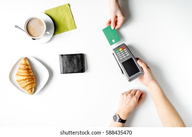 Credit Card Payment In Cafe On White Table Background Top View