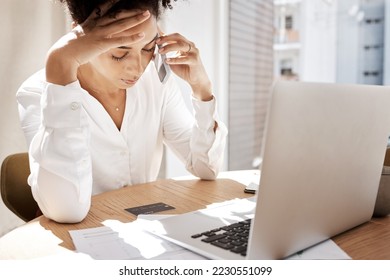 Credit card, phone call and black woman frustrated for debt, bills or desk with laptop. African American lady, upset female or smartphone for connection, communication stress or talking payment query - Powered by Shutterstock