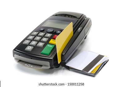 Credit Card Reader Machine And Blank Credit Card On White Background