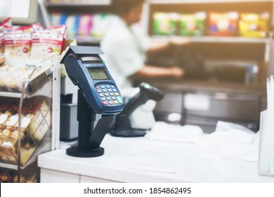 Credit Card Reader Scanner Payment Machine Cash Money Purchase Check Out Pay Buying Transfer Transaction At A Convenient Store Retail Shop Cashier Desk Counter Customer Service Isolated Background