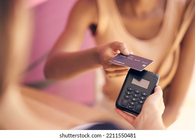 Credit Card, Retail Customer And Rfid Payment At Cashier, Store Service And Point Of Sale Machine. Worker Hands Process Finance, Money And Shopping, Cash Register And Fintech Pos In Coffee Shop Cafe