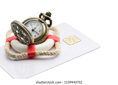 Credit Card Security / Fraud Or Risk Protection Insurance Concept : Red Lifebuoy, A Clock, A Smart Cart Isolated On White, Depicts The Security The Cardholder Received In Case Of Unemployment, Injury