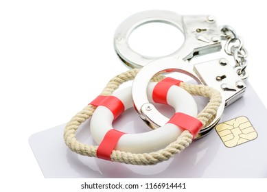 Credit Card Security / Fraud Or Risk Protection Insurance Concept : Red Lifebuoy, Handcuff, A Smart Cart Isolated On White, Depicts The Security The Cardholder Received In Case Of Unemployment, Injury