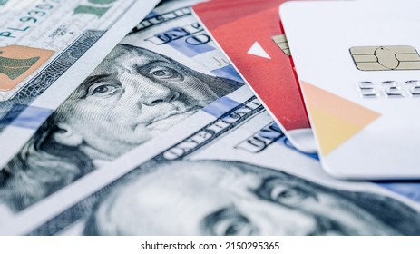 Credit Card Shopping Money. American Money With Debit Card. Washington American Cash, Usd Background