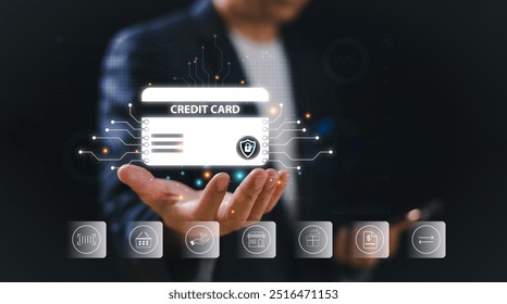 Credit card shopping technology concept. Online shopping, Home delivery, E-payment and E-commerce business. Hand hold digital credit card icon, mobile banking network. Cybersecurity internet protect - Powered by Shutterstock