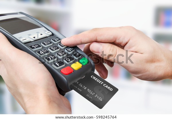 Credit card\
swipe through terminal for sale in\
store