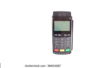 Credit Card Terminal Isolated On White On Right Side Of The Picture