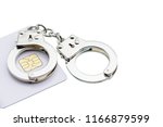 Credit card theft and fraud protection concept :  Handcuff on a chip / smart credit card isolated on white, depicts theft and fraud involving a payment card, fraudulent source of fund in a transaction