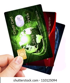 Credit Cards Fan Holded By Hand Over White Background