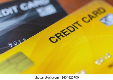 Credit Cards On Table.  Business Techology Do Moneyless Transaction By Plastic Cards For Buy Sell Offline And Online Shopping.