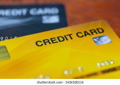 Credit Cards On Table.  Business Techology Do Moneyless Transaction By Plastic Cards For Buy Sell Offline And Online Shopping.