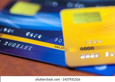 Credit Cards On Table.  Business Techology Do Moneyless Transaction By Plastic Cards For Buy Sell Offline And Online Shopping.