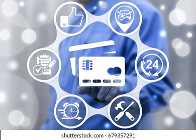 Credit Cards Online Payment Auto Service Business Finance Web Concept. Repairer Man Presses Bank Card Button On Virtual Touch Screen. Pay Car Repair.