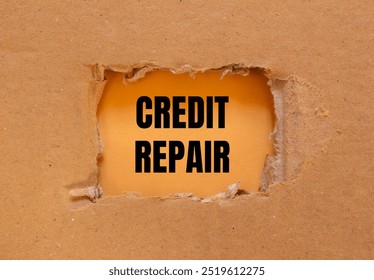 Credit repair message written on ripped torn cardboard paper with orange background. Conceptual credit repair symbol. Copy space.