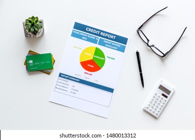 Credit Report With Credit Cards And Calculator, Glasses On Banker Work Place White Background Top View