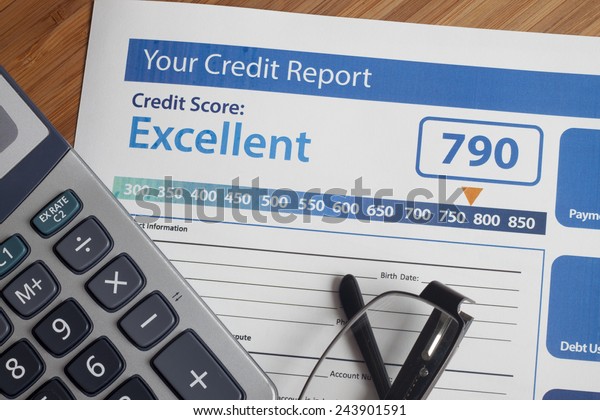 Credit report with score on a
desk