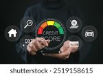 Credit score concept, Person use smartphone with virtual credit score icon for chart with credit history values. Online credit score ranking check. student loan, mortgage and payment cards.