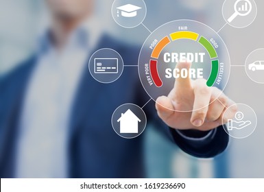Credit Score rating based on debt reports showing creditworthiness or risk of individuals for student loan, mortgage and payment cards, concept with business person touching scorecard on screen