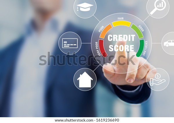 Credit Score rating based on debt reports showing\
creditworthiness or risk of individuals for student loan, mortgage\
and payment cards, concept with business person touching scorecard\
on screen